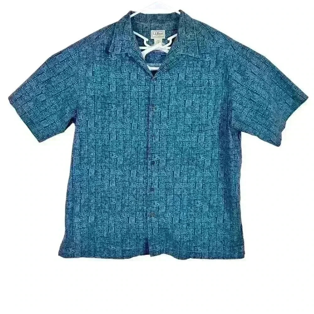 L.L BEAN Men's Hawaiian‎ Shirt Size Large Traditional Fit Blue Front Pocket